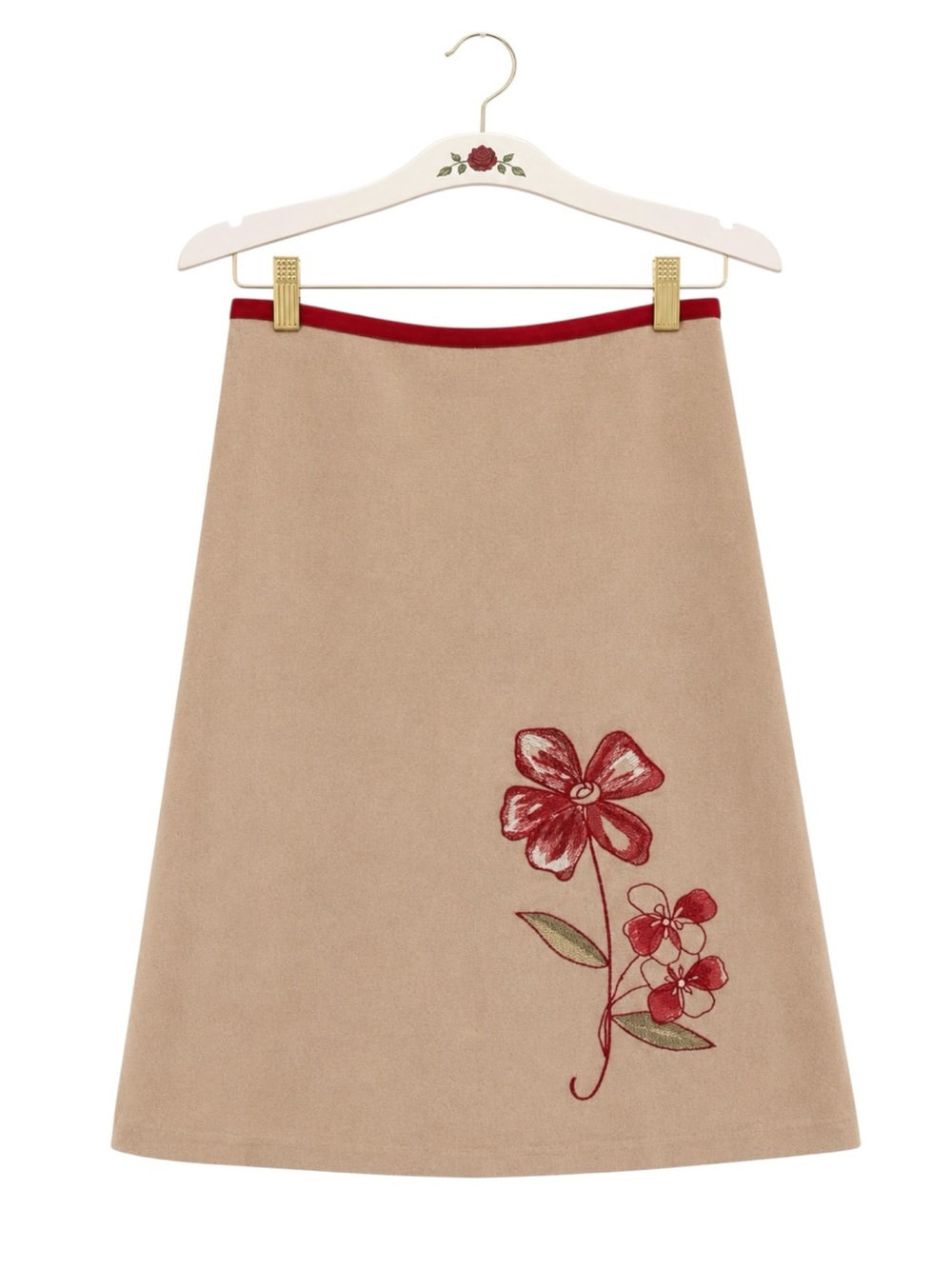 Embroidered Floral A-Line Skirt Cottagecore Beige Pink Ramie Blend Juniors 5